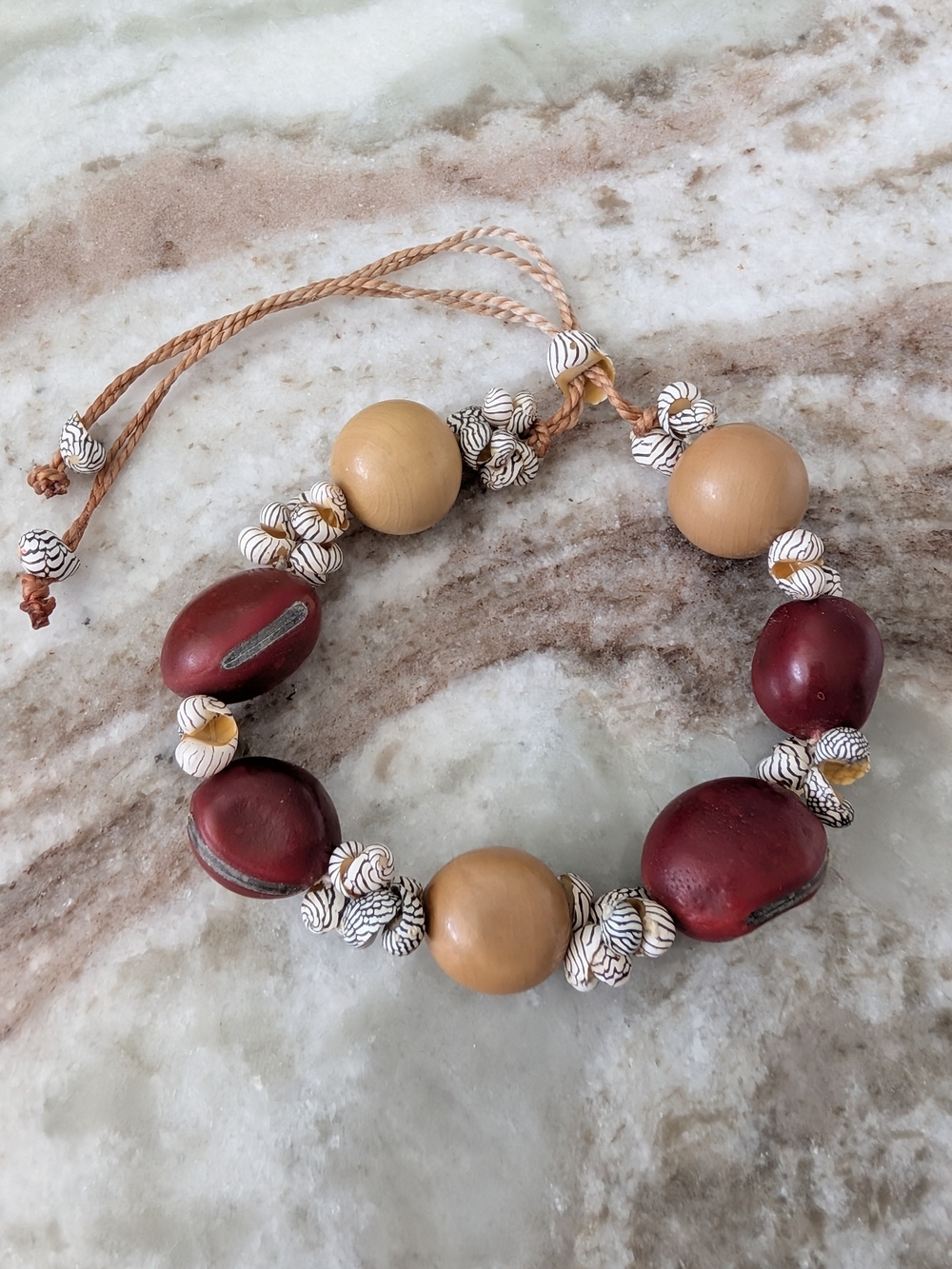 Handcrafted Natural Wood and Seed Beaded Shell Bracelet-Cord Adjustable